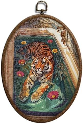 Vintage Tiger Oval Wall Art, Eclectic Tiger Wall Art, Funky Bathroom Decors by Unknown