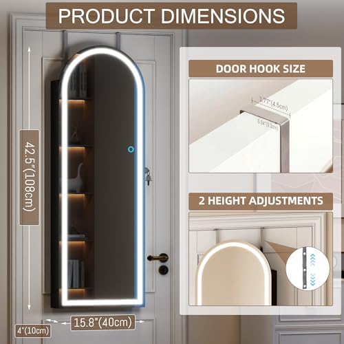 LVSOMT Arched Lighted Mirror Jewelry Cabinet, Wall/Door Mount Jewelry Armoire - Image 5