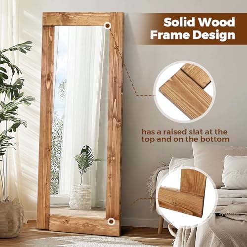 58x24in Full Length Mirror, Solid Wood Convex Frame, Light Brown - Image 5