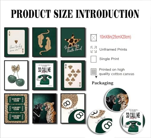9Pcs Trendy Green Leopard Canvas Wall art, Fashion Cheetah Aesthetic Wall Decor - Image 3
