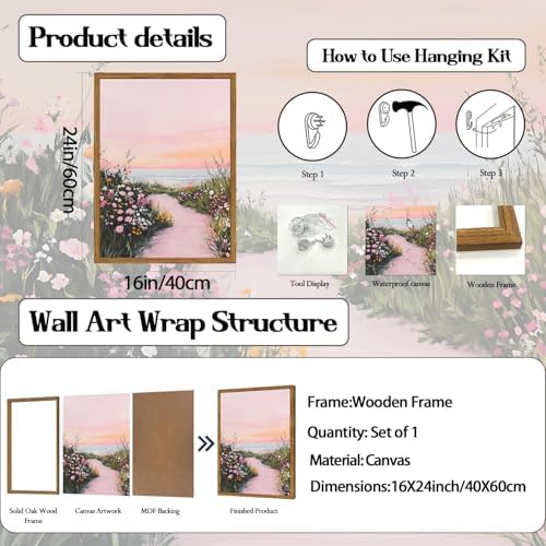 Framed Vintage Landscape Wall Art, Rustic Wildflower Nature Paintings Canvas - Image 6