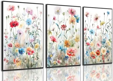 KISSFOX Framed Colorful Wildflower Canvas Wall Art Set Of 3 Flowers Pictures by KISSFOX