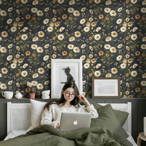 Livebor Dark Daisy Floral Wallpaper Peel and Stick Wallpaper16.9in x196.8in - Image 5