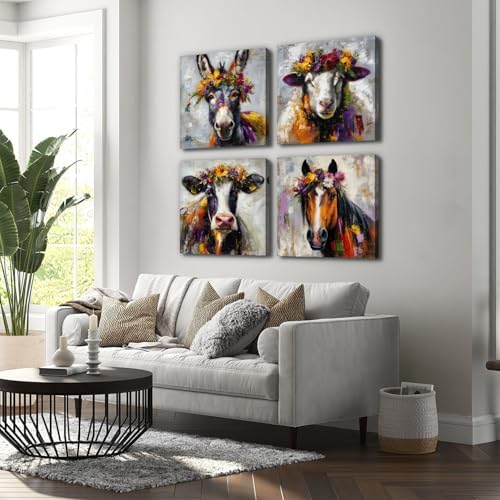 Set of 4 Farmhouse Animal Canvas Wall Art Dinner Room Decoration Abstract - Image 2