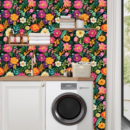BOKEBEVE Floral Wallpaper Peel and Stick Boho Green Colorful 17.5 x 78.5In - Image 4