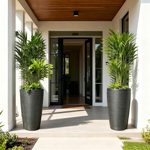 Autodaya 22.8" Tall Outdoor Planters Set of 2, Faux Brushed Steel Finish - Image 5