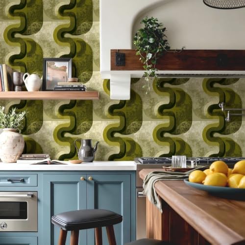 Olive Green Abstract Peel and Stick Wallpaper, Mid Century Modern Geometric - Image 5