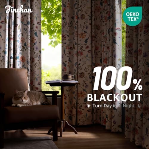 jinchan Beige Floral Blackout Curtains 63 Inch Back Tab 2 Panels Set - Image 3