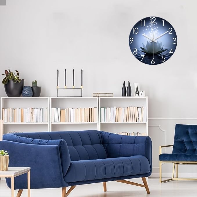 XFM White Lotus Glass Wall Clock 20 Inch Blue Zen Flowers - Image 2