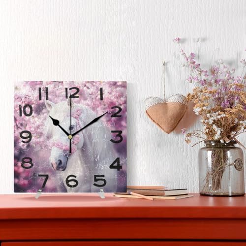 Beautiful Pink Cherry Garden White Horse Square Wall Clock, 8 Inch Standard Non - Image 4