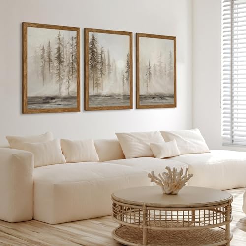 Urmoya Triptych Neutral Misty Forest Framed Canvas Wall Art, 20x30 inch x3 - Image 2