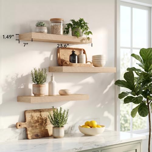 Oak Wood Floating Shelves, 24 Inch Long Wooden Wall Shelf Set of 3 - Image 2
