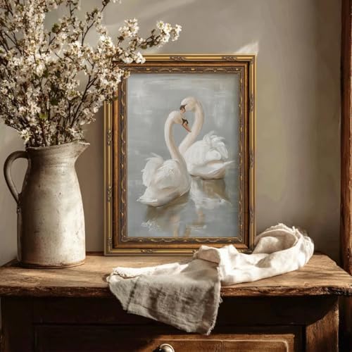 Vintage Gold Framed Swan Canvas Wall Art Country Farmhouse Retro Romantic - Image 3