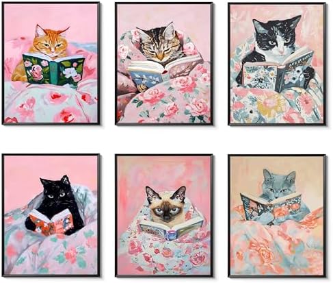 Cute Cat Reading Poster Set of 6 Funny Black Cat Book Lover Canvas Wall Art by TransformYourWallsElevateYourStyle