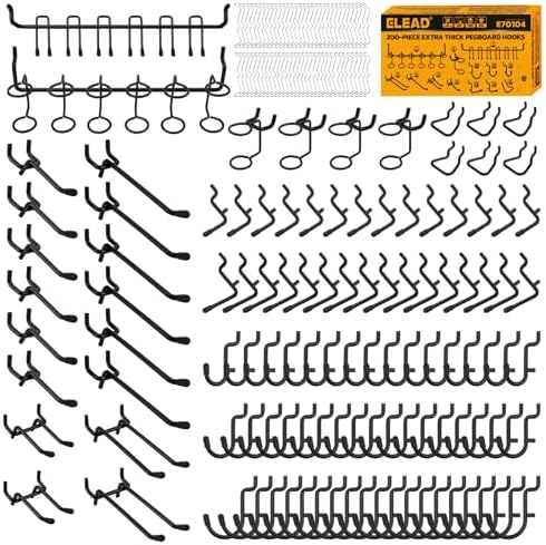 ELEAD 200-Piece Extra Thick Pegboard Hooks Set, 1/4" Heavy Duty Black Peg Board by ELEAD
