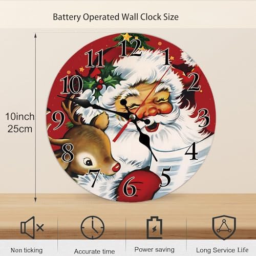 Christmas Vintage Santa Claus and Reindeer Wall Clock, Silent Non Ticking Round - Image 6