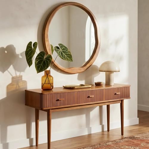 Warm Walnut 30 Inch Round Wood Wall Mirror, Asymmetrical Inner Edge - Image 6
