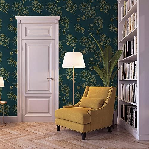 Safiyya 393"x17.3" Peel and Stick Wallpaper Gold and Teal Green Contact Paper - Image 3