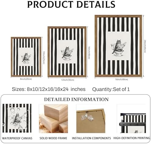 Framed Vintage Bathroom Cat Canvas Wall Art, Funny Black Sketch Cat Reading - Image 5