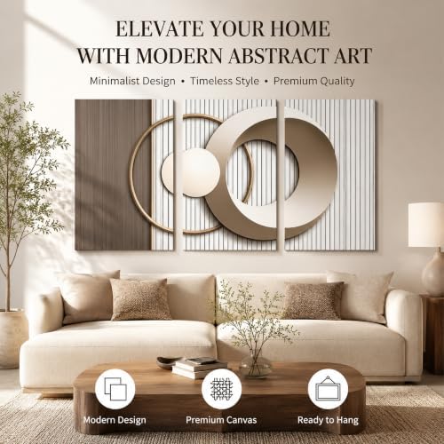 3PCS Modern Geometric Wall Art Set Gold and Beige Abstract Canvas Prints - Image 2