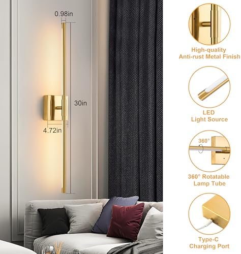 Morauroral 30 Inch Gold Rechargeable Wall Sconces Set of 2 Battery Operated - Image 6
