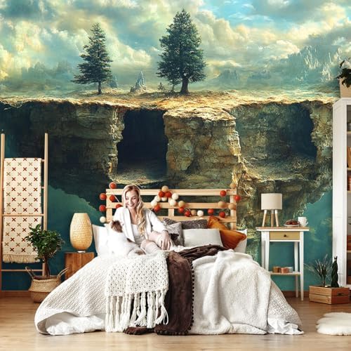 Earth Toned Feature Wall Mural Wallpaper Floating Rock Island Trees Surreal - Image 3