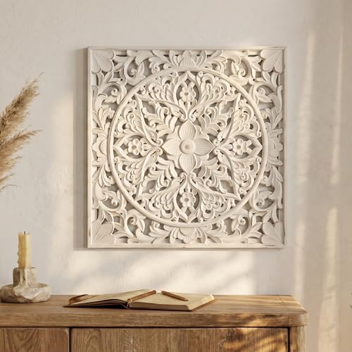 XIAOAIKA Boho Carved Wood Wall Art Panel, Floral Mandala, Distressed White by XIAOAIKA