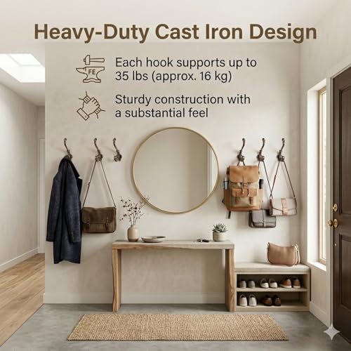 Chumia 6 Pack Rustic Wall Hooks Heavy Duty Cast Iron Brass Coat Hooks - Image 2
