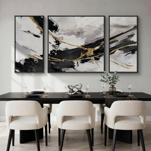 Extra Large Framed Black White and Gold Abstract Wall Art - Image 4