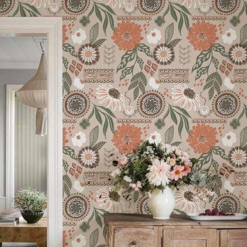 Simon&Siff Boho Sun Floral Retro Peel and Stick Wallpaper 17.3" x 1200" - Image 2