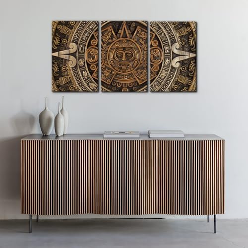 Pacimo Framed Canvas Print Wall Art Set Ancient Aztec Calendar Nature - Image 2