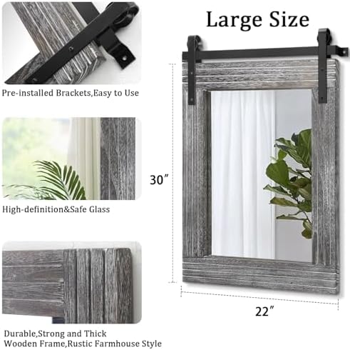 AAZZKANG Barn Door Rustic Mirror Large Wood Framed Wall Mirror 30"x22" - Image 2
