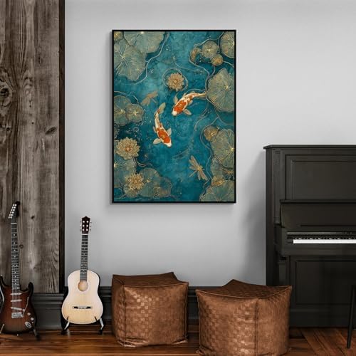 Vintage Japanese Canvas Wall Art Oriental Asian Koi Fish Psoters Emerald Green - Image 2