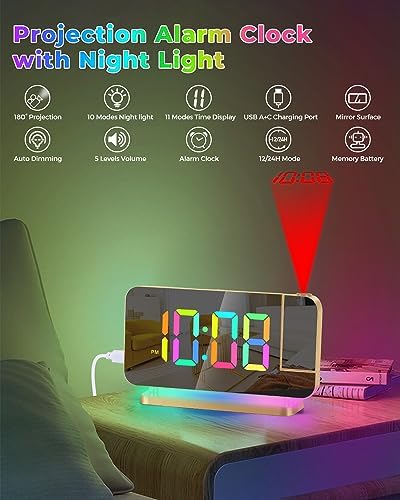 SZELAM Projection Alarm Clock, 7.4 in Digital Mirror Clocks, - Image 2