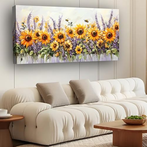 Abstract Sunflower and Lavender Picture Print Canvas Wall Art Living Room - Image 3