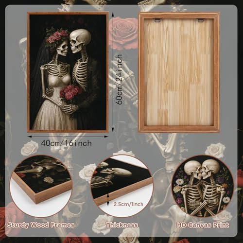 HLNIUC Halloween Rose Wedding Framed Wall Art, Vintage Skeleton Rose Canvas - Image 2