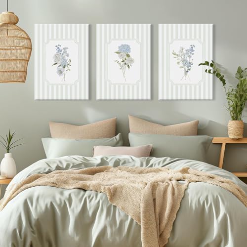 Blue Hydrangea Wall Art Floral Canvas Prints Sage Green Striped Wall Decor - Image 5