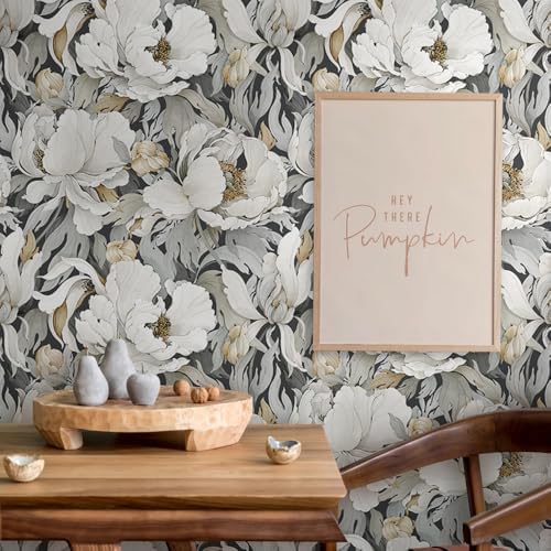 Modern Dark Grey White Poppy Floral Peony Flowers Peel and Stick Wallpaper Wall - Image 5