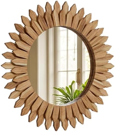 24" Round Sunburst Wooden Mirror Boho Rustic Wall Decor by VETROVUE