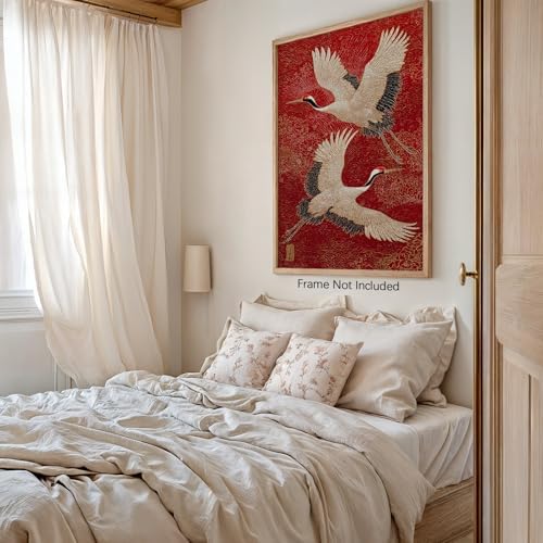 Retro Japanese Canvas Wall Art Funny Oriental Crane Posters Red And Gold Bird - Image 4