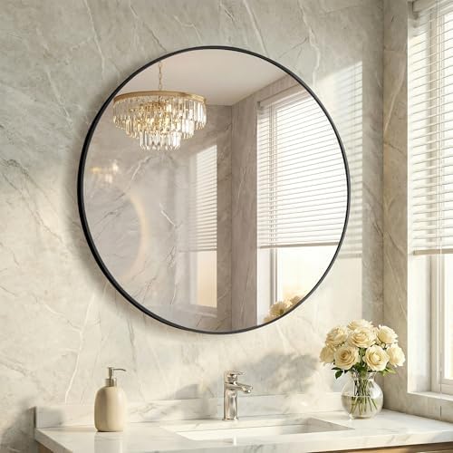 30 Inch Black Round Bathroom Wall Mirror, Round Mirrors by HAPPYMONTLLC