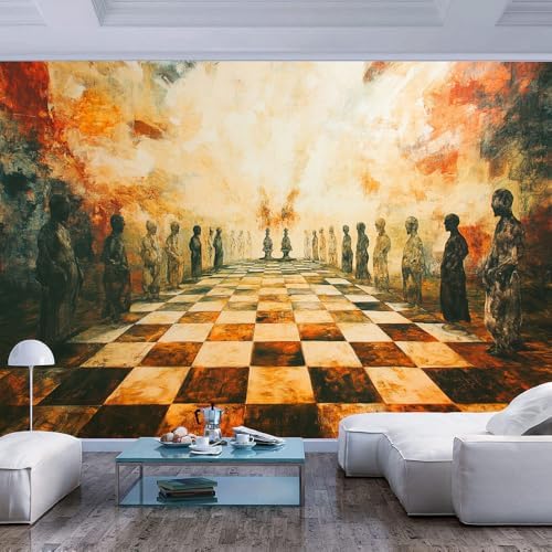 Warm Toned Wallpaper Mural Figures on Checkered Board Surreal Oil Style Photo by Unknown