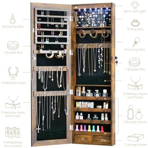 Jewelry LED Cabinet with Mirror 47.3"Mirror Jewelry Armoire over the Door - Image 5