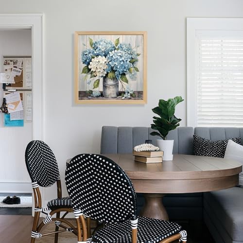 IAFWZX Wood Framed Rustic Blue Hydrangea Wall Art 12x12 in - Image 2