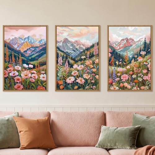 Boho Vibrant Mountain Wildflower Framed Canvas Wall Art Set- 24"x36"x3 by Aryroi