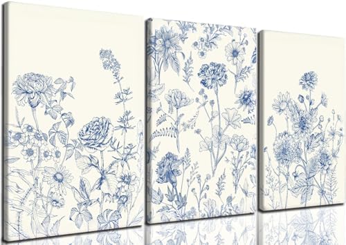 Blue Botanical Canvas Wall Art, 3 Piece Gallery Wrapped Set, 16x24 Inch by Unknown