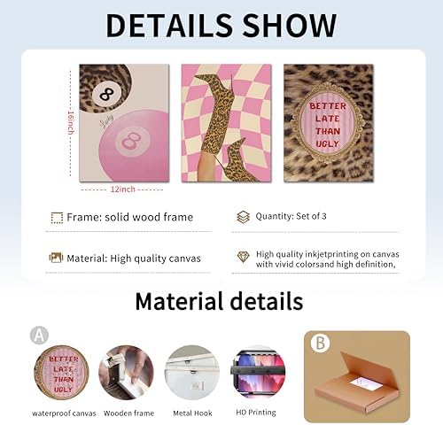 Framed Pink Leopard Print Wall Art Set of 3, Trendy Fashion Lucky 8 Ball Canvas - Image 3