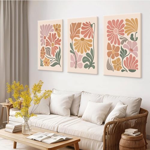 TBKHUDBI Boho Flower Canvas Wall Art Abstract Floral Pictures Prints Set of 3 - Image 5