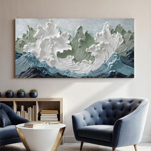 YISXINOAG White Green Ocean Wall Art Minimalist Coastal Painting 29"X58" - Image 6