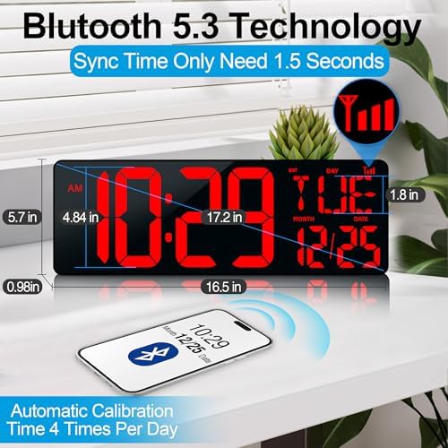17.2" Large Digital Wall Clock Bluetooth Auto Sync Time Big Timer Red - Image 2